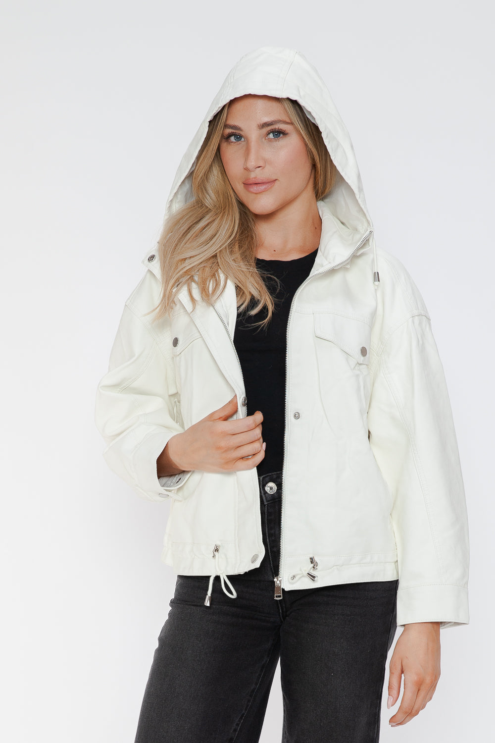 White PU leather jacket with hood and drawstring hem