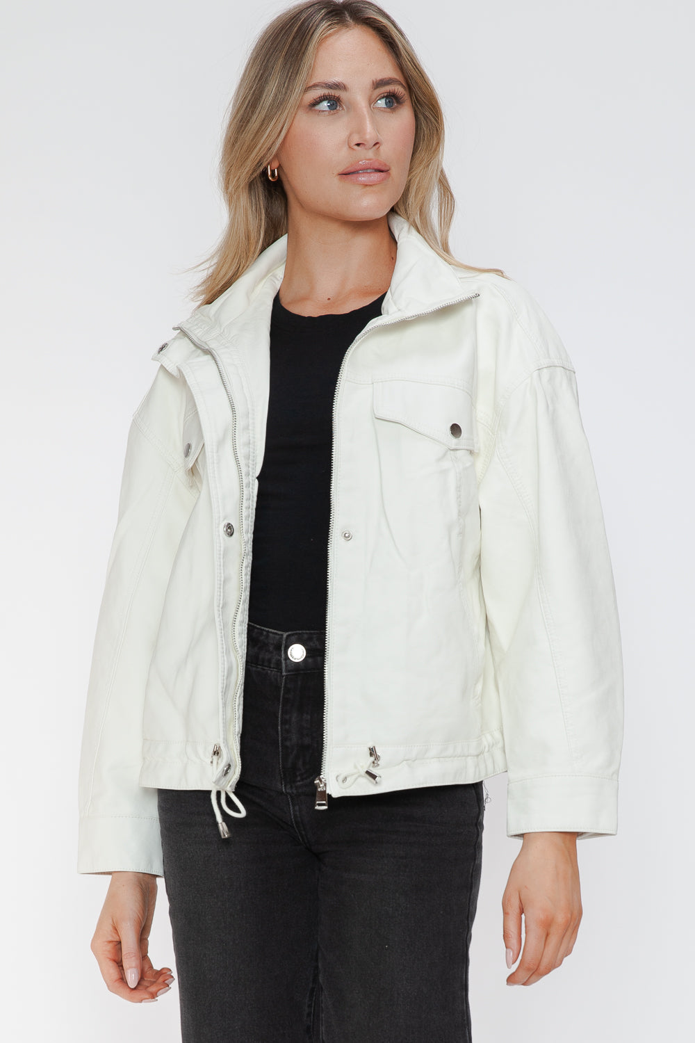 White PU leather jacket with drawstring hem, smiling