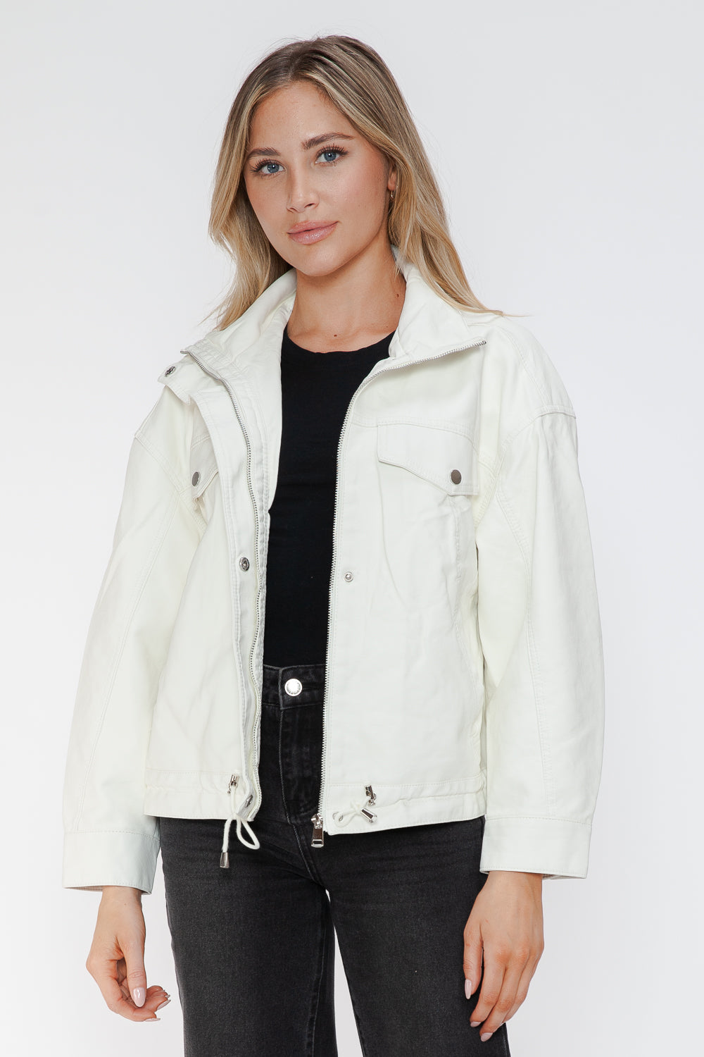 White PU leather jacket with drawstring hem, open front