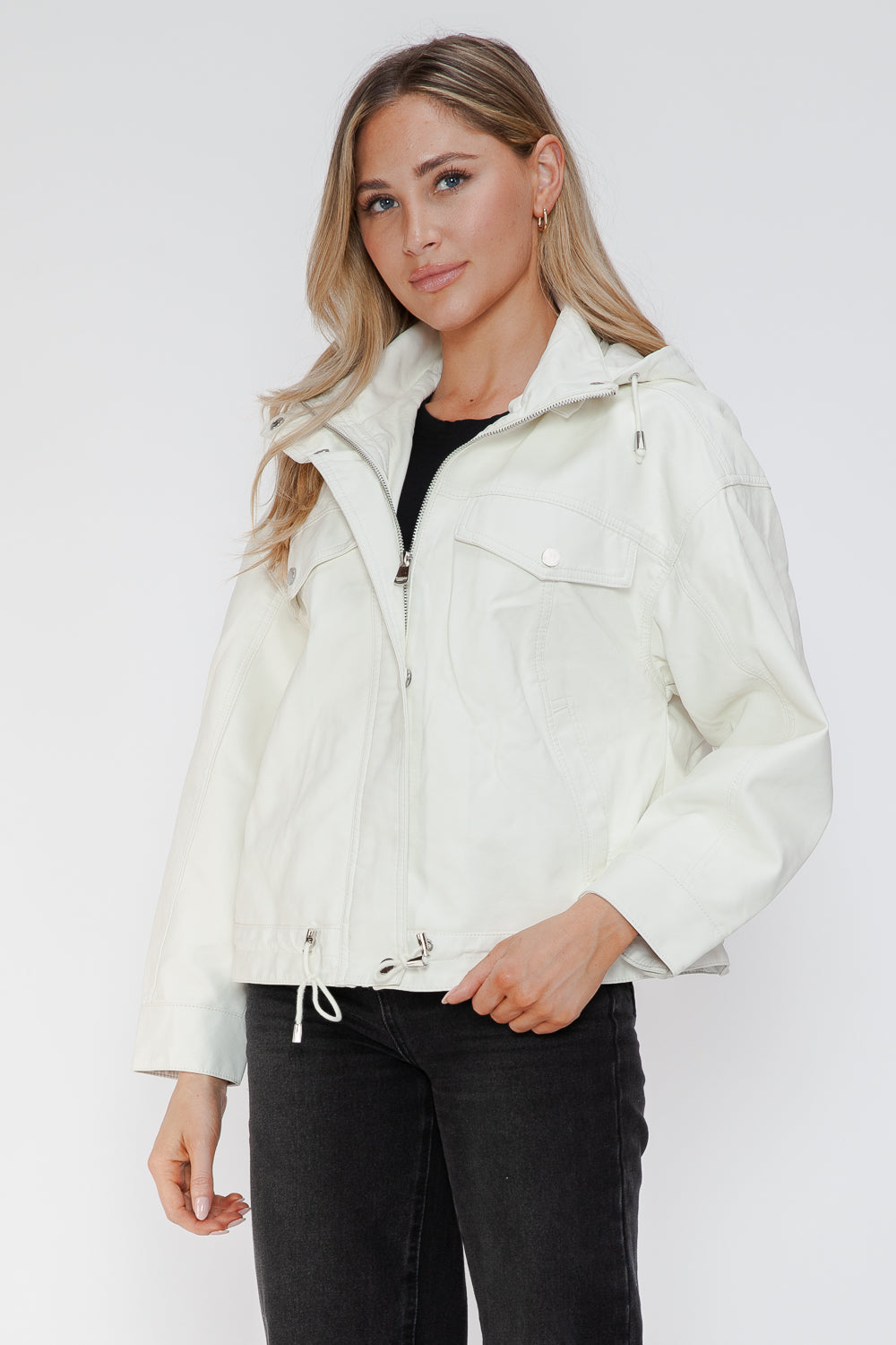 White PU leather jacket with drawstring hem, open front