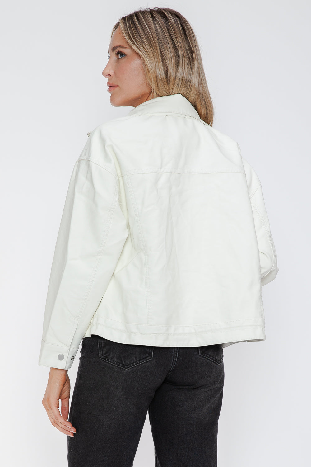 White PU leather jacket with drawstring hem, front view