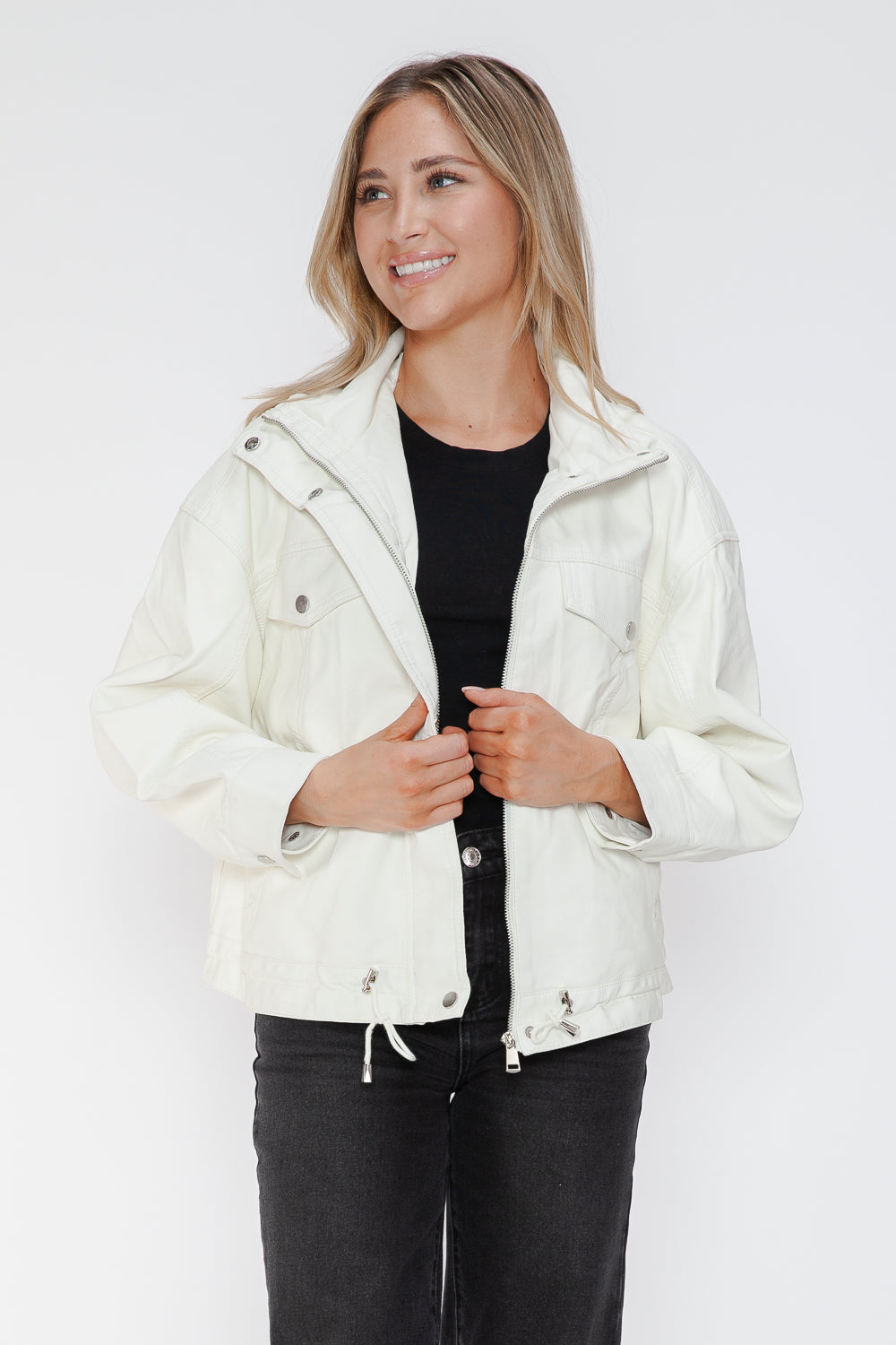 White PU leather jacket with drawstring hem, side pose