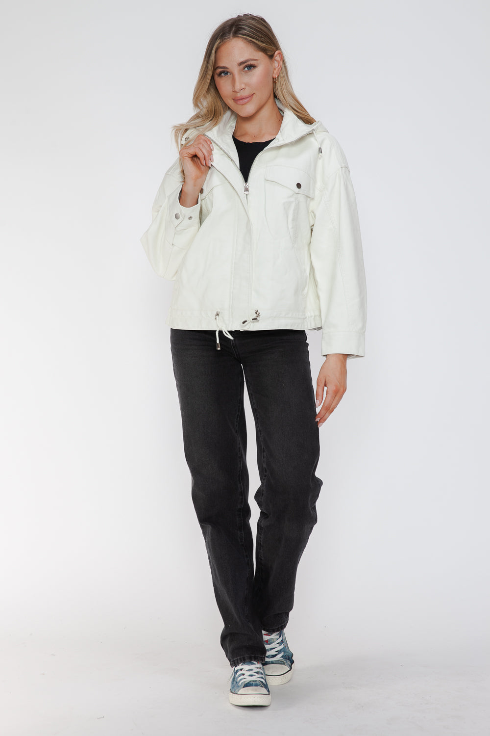 White PU leather jacket with drawstring hem, casual style