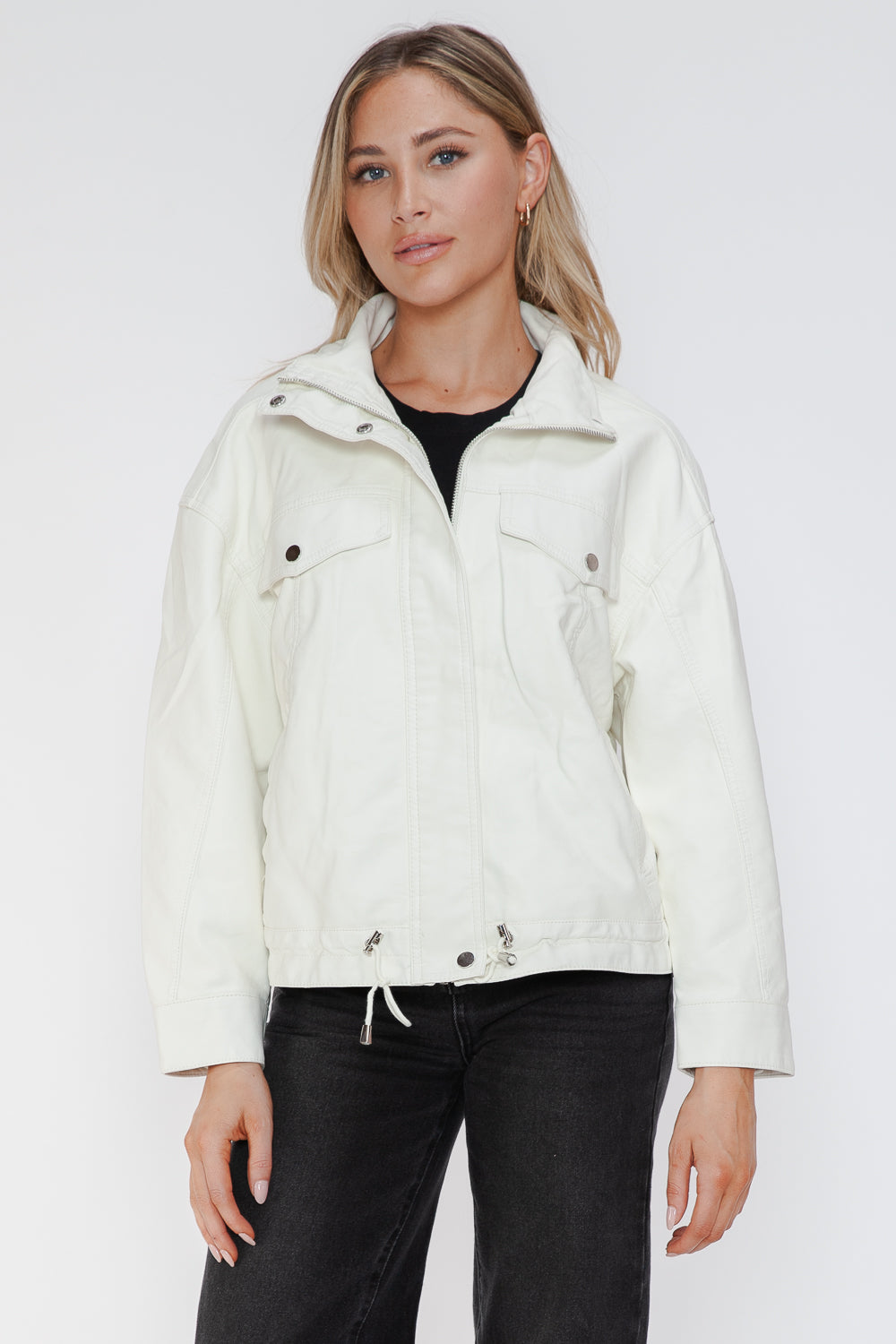 White PU leather jacket with drawstring hem, looking up