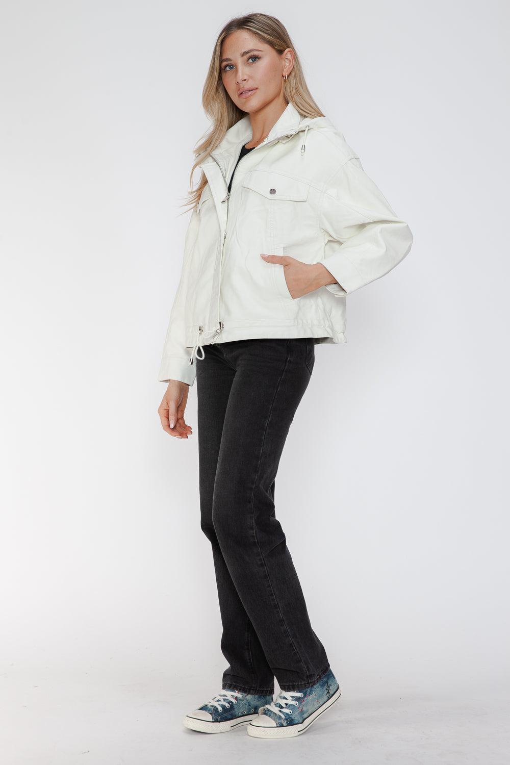 White drawstring hem PU leather jacket front view