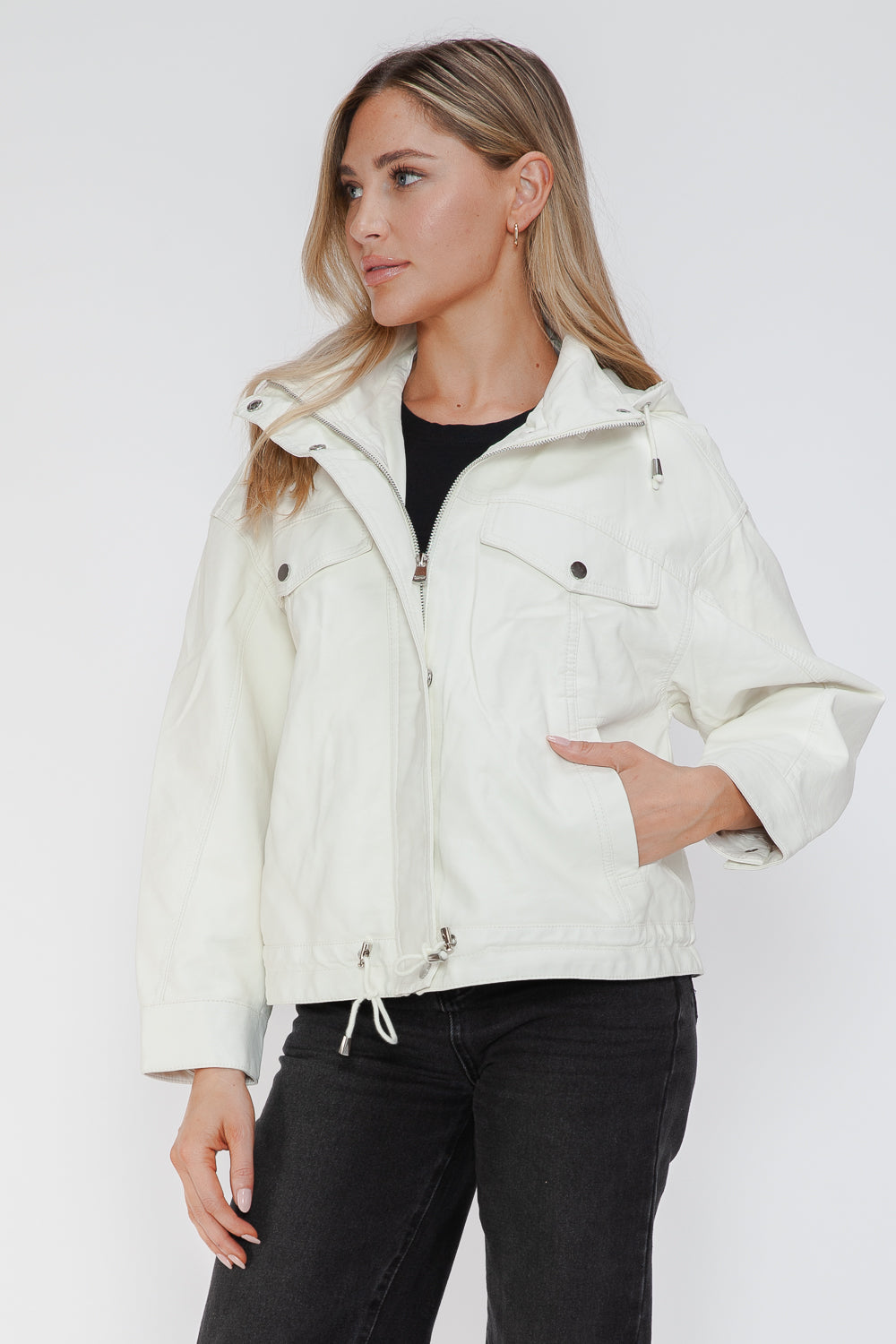 White drawstring hem PU leather jacket, side view