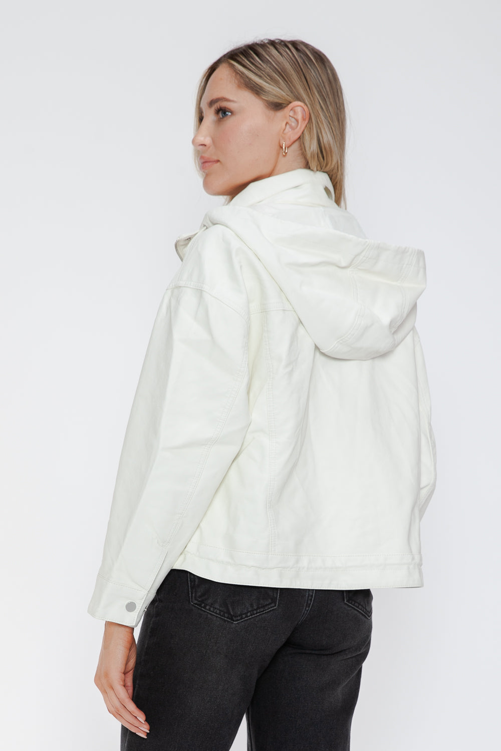 Side view of white drawstring hem PU leather jacket