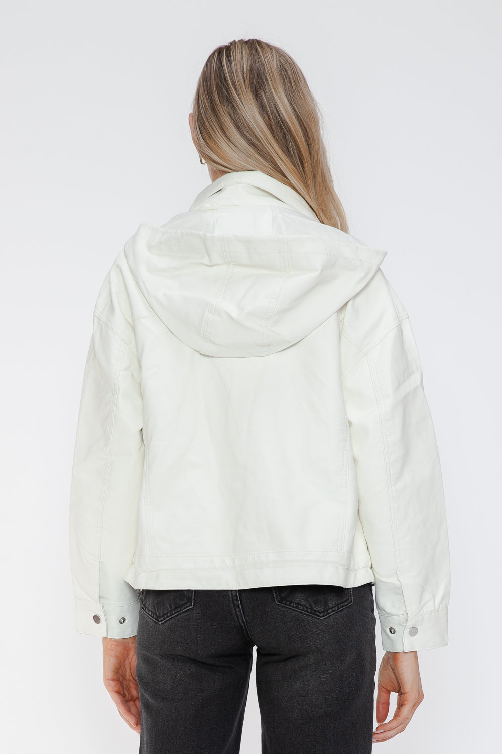 White drawstring hem PU leather jacket back view