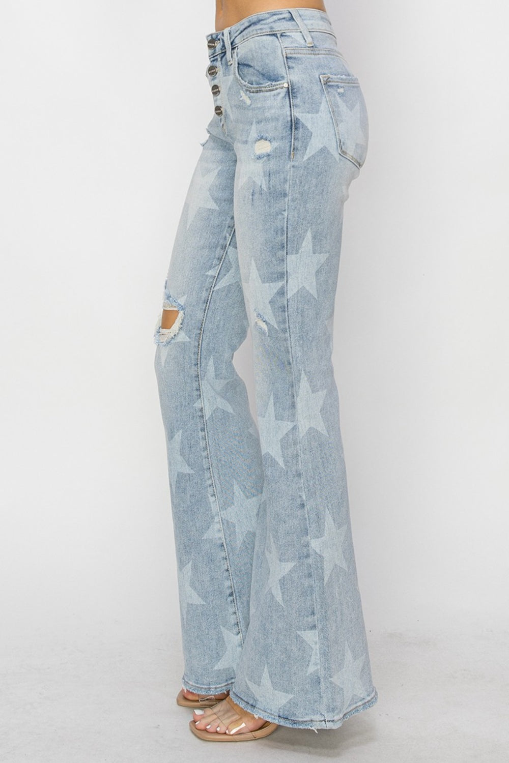 Mid Rise Button Fly Start Print Flare Jeans | Jeans - CHANELIA