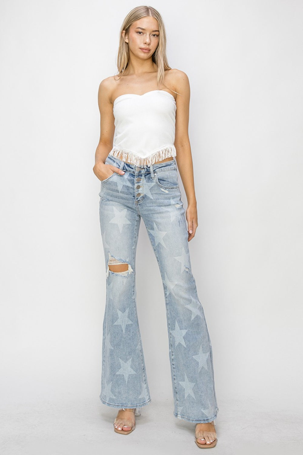 Mid Rise Button Fly Start Print Flare Jeans | Jeans - CHANELIA