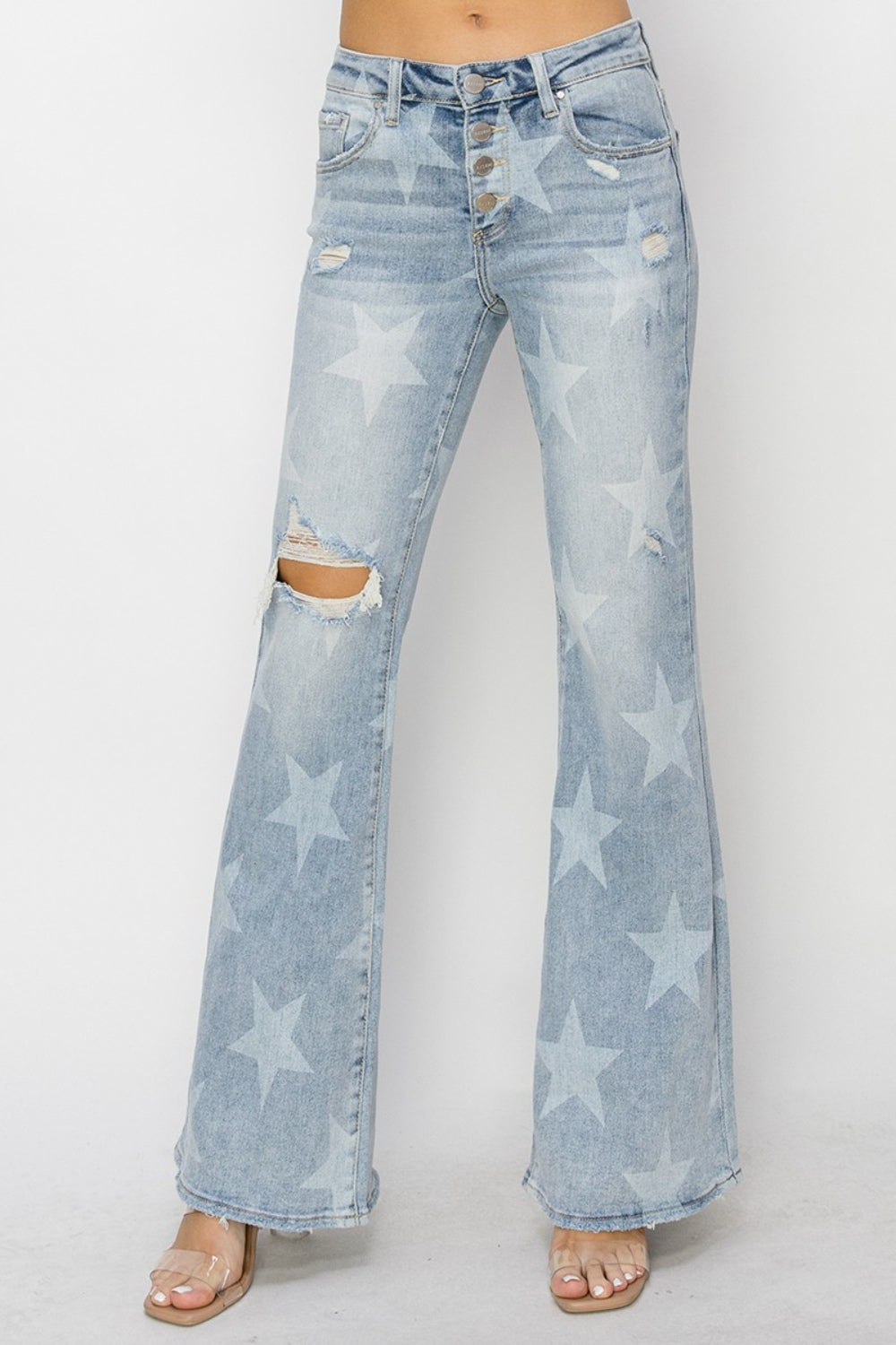 Mid Rise Button Fly Start Print Flare Jeans | Jeans - CHANELIA