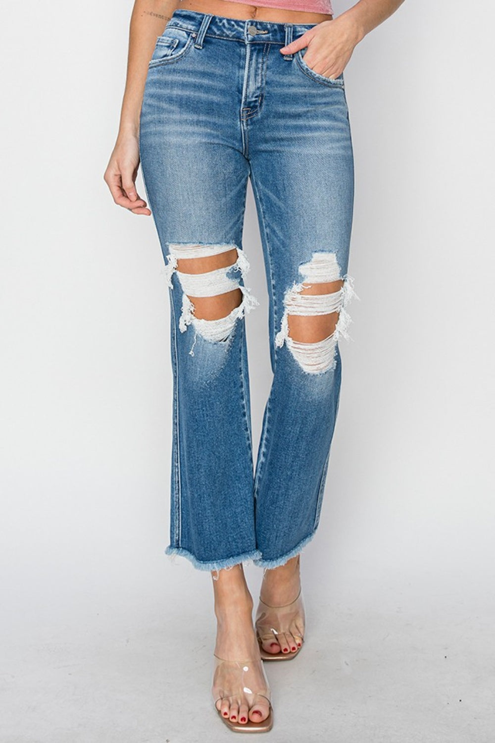 Mid Rise Distressed Cropped Flare Jeans | Jeans - CHANELIA