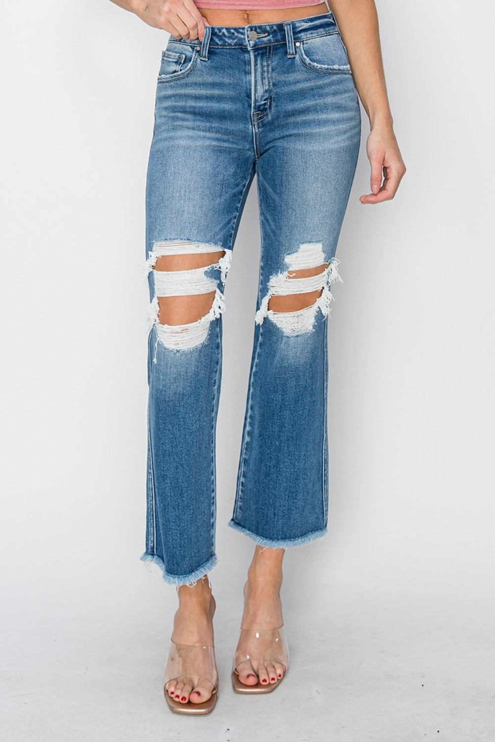 Mid Rise Distressed Cropped Flare Jeans | Jeans - CHANELIA