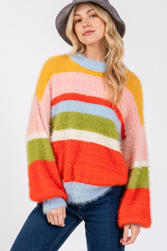 Colorful striped sweater with dropped shoulders, front view