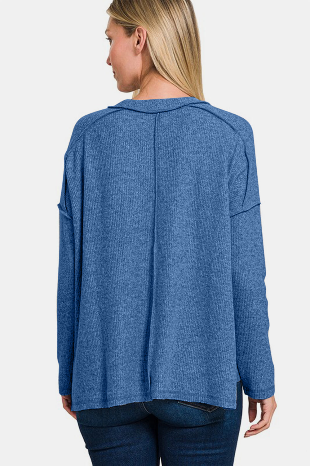 Nautical Sophistiqué blue sweater with exposed seams, back view