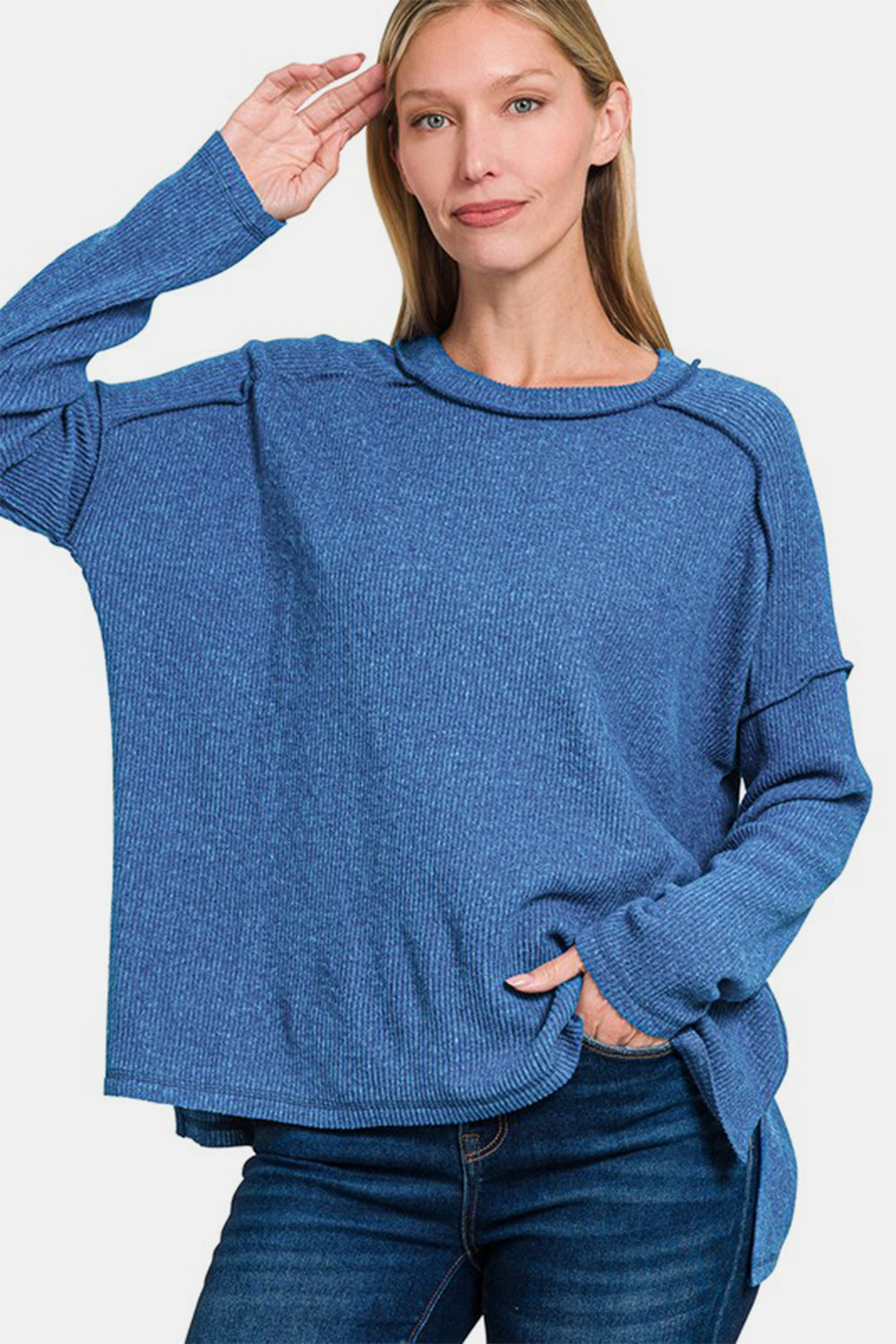 Nautical Sophistiqué blue sweater with exposed seams, front view