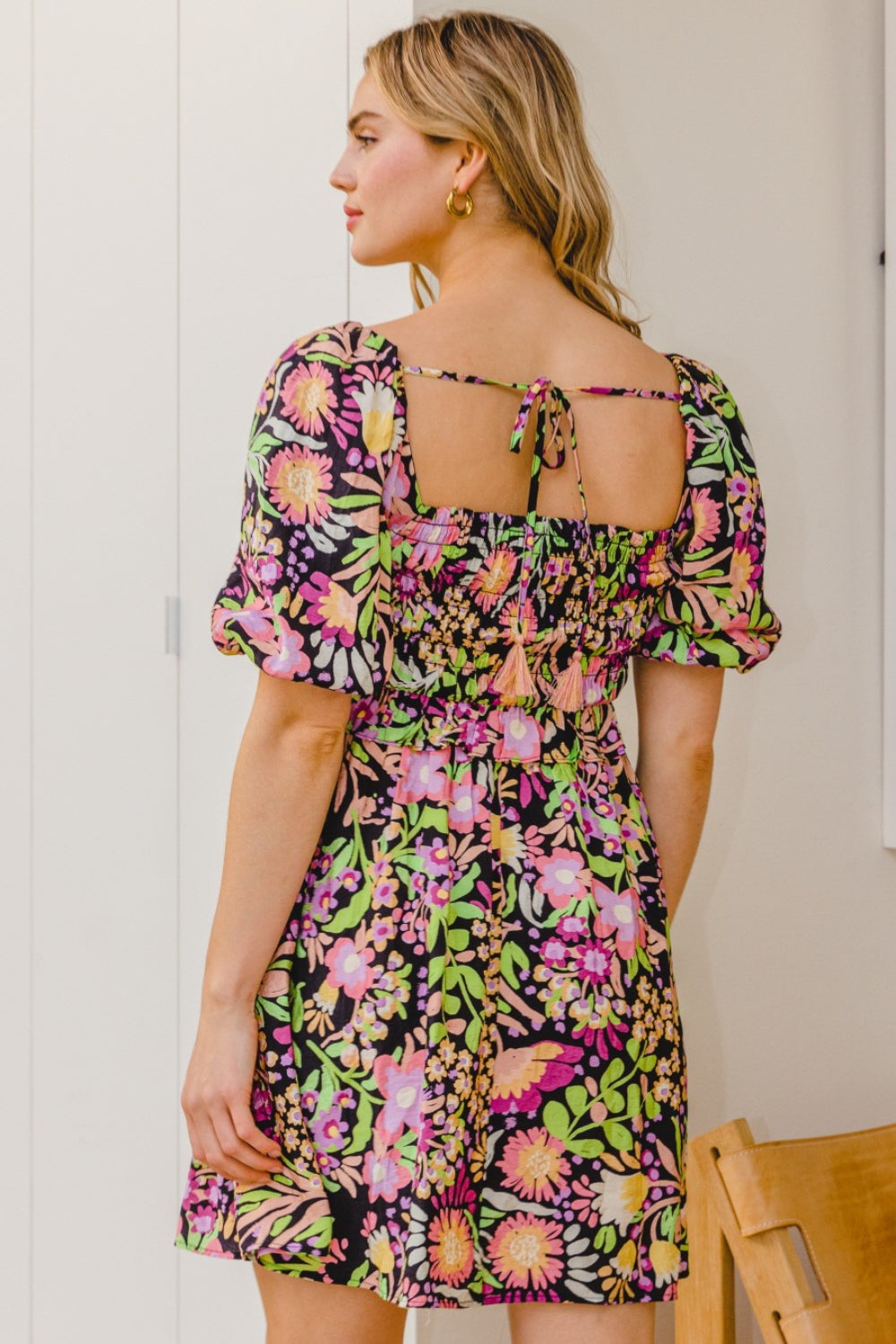 ODDI Full Size Floral Tie-Back Mini Dress, Black Multi / 2XL ODDI Full Size Floral Tie-Back Mini Dress, Black Multi / 2XL