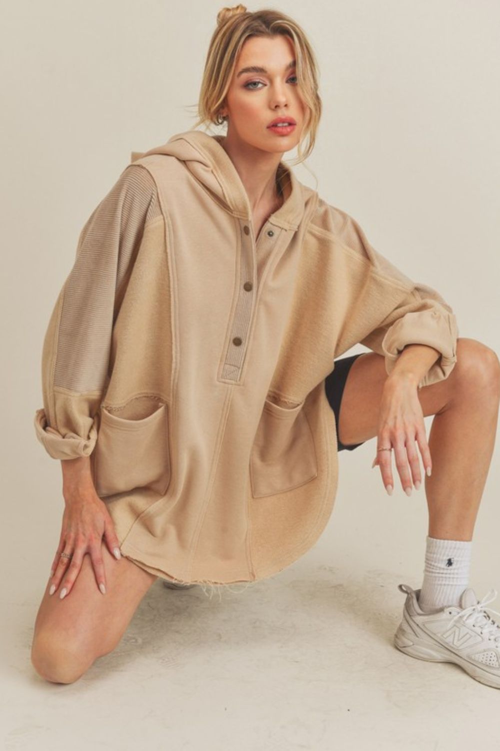 Paloma Snap Hoodie in beige, oversized fit, eco-friendly material.