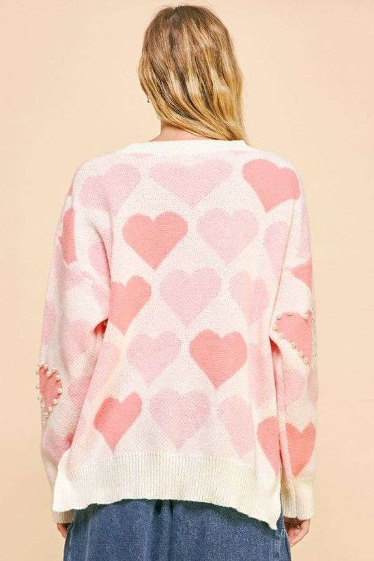 Pearl Heart Slit V-Neck Sweater