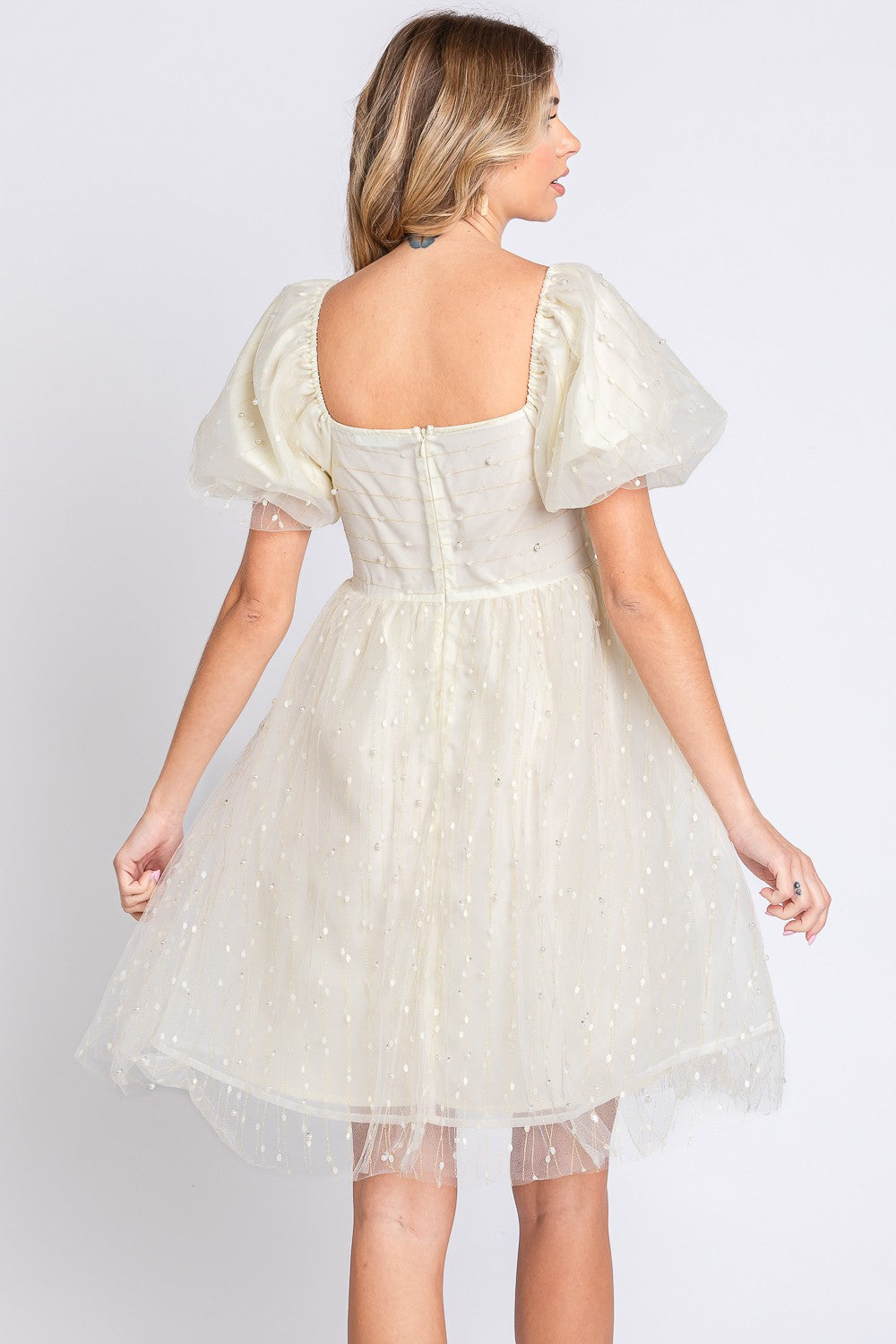 Pearl Mesh Puff Sleeve Babydoll Dress | Dress - CHANELIA