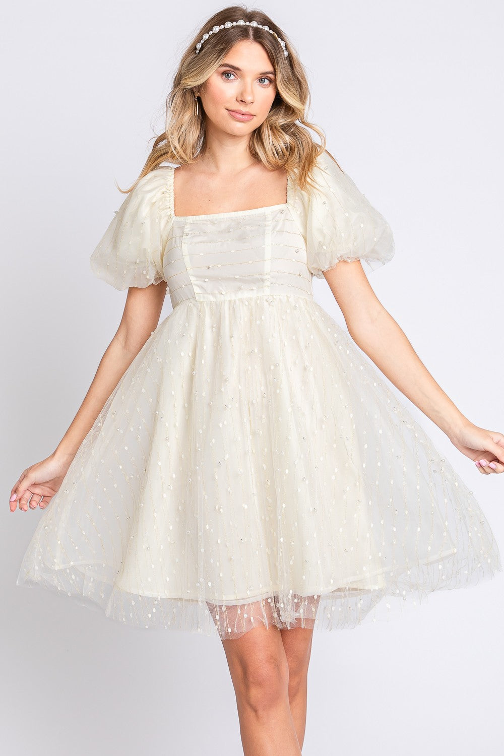 Pearl Mesh Puff Sleeve Babydoll Dress | Dress - CHANELIA