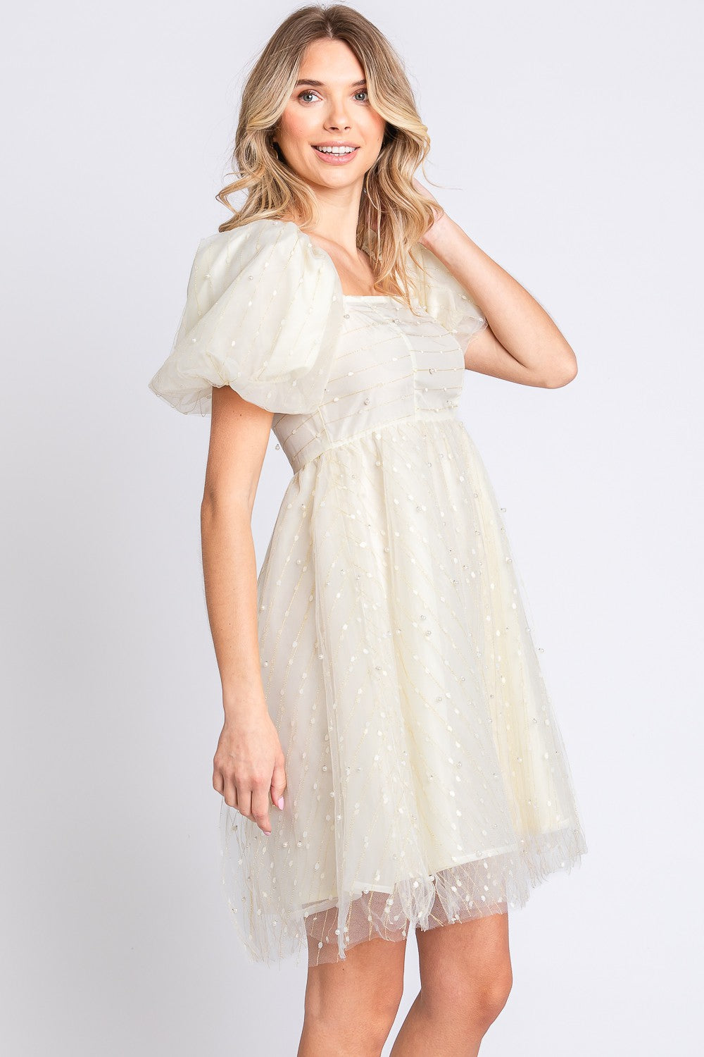 Pearl Mesh Puff Sleeve Babydoll Dress | Dress - CHANELIA