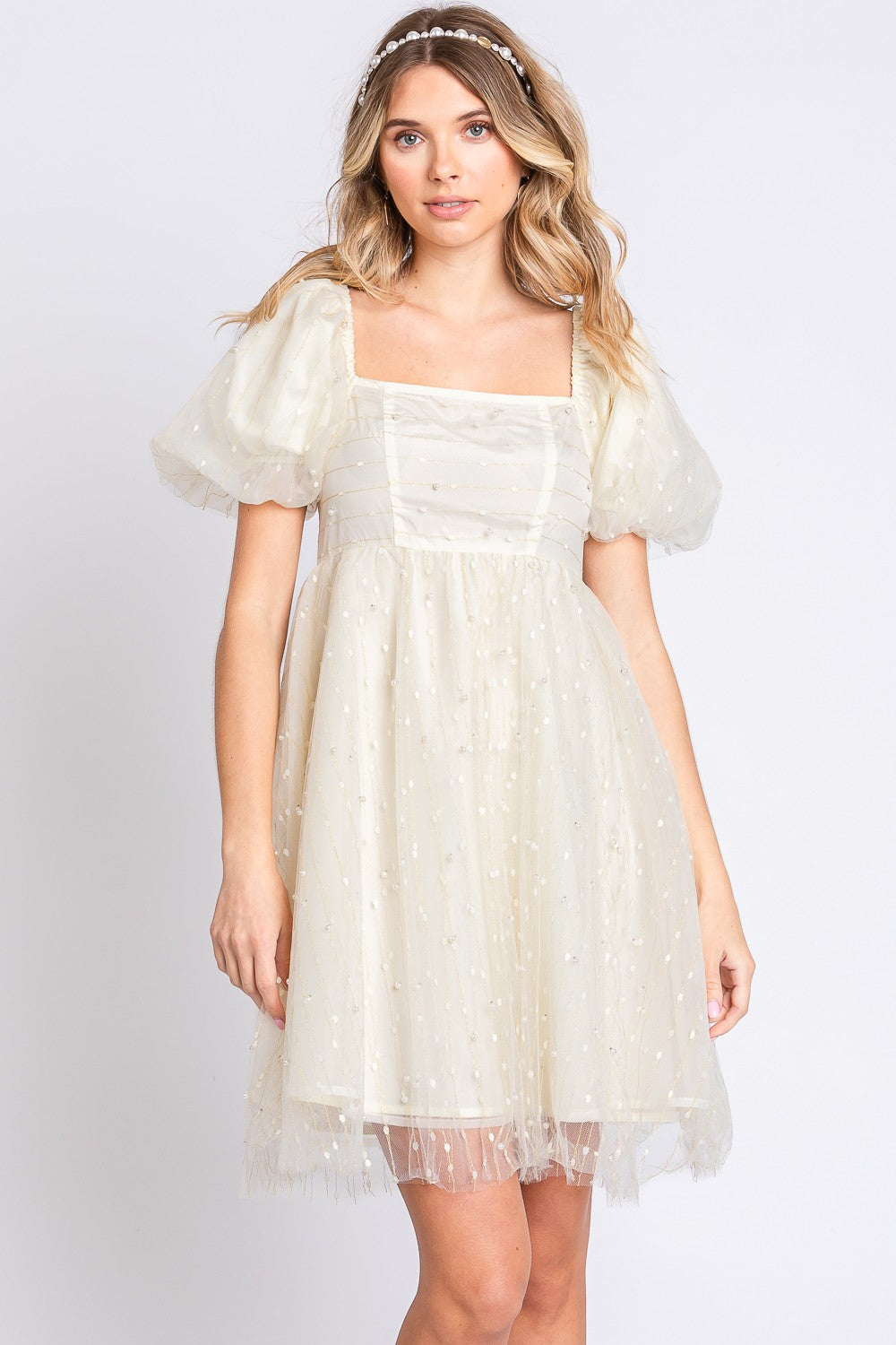 Pearl Mesh Puff Sleeve Babydoll Dress | Dress - CHANELIA