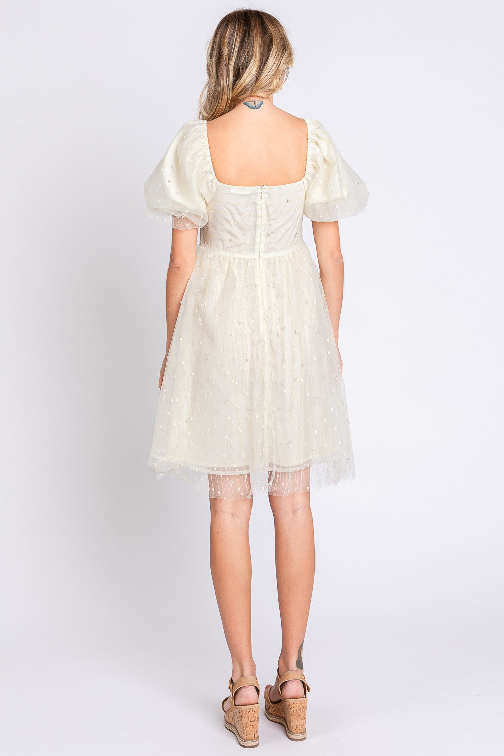 Pearl Mesh Puff Sleeve Babydoll Dress | Dress - CHANELIA