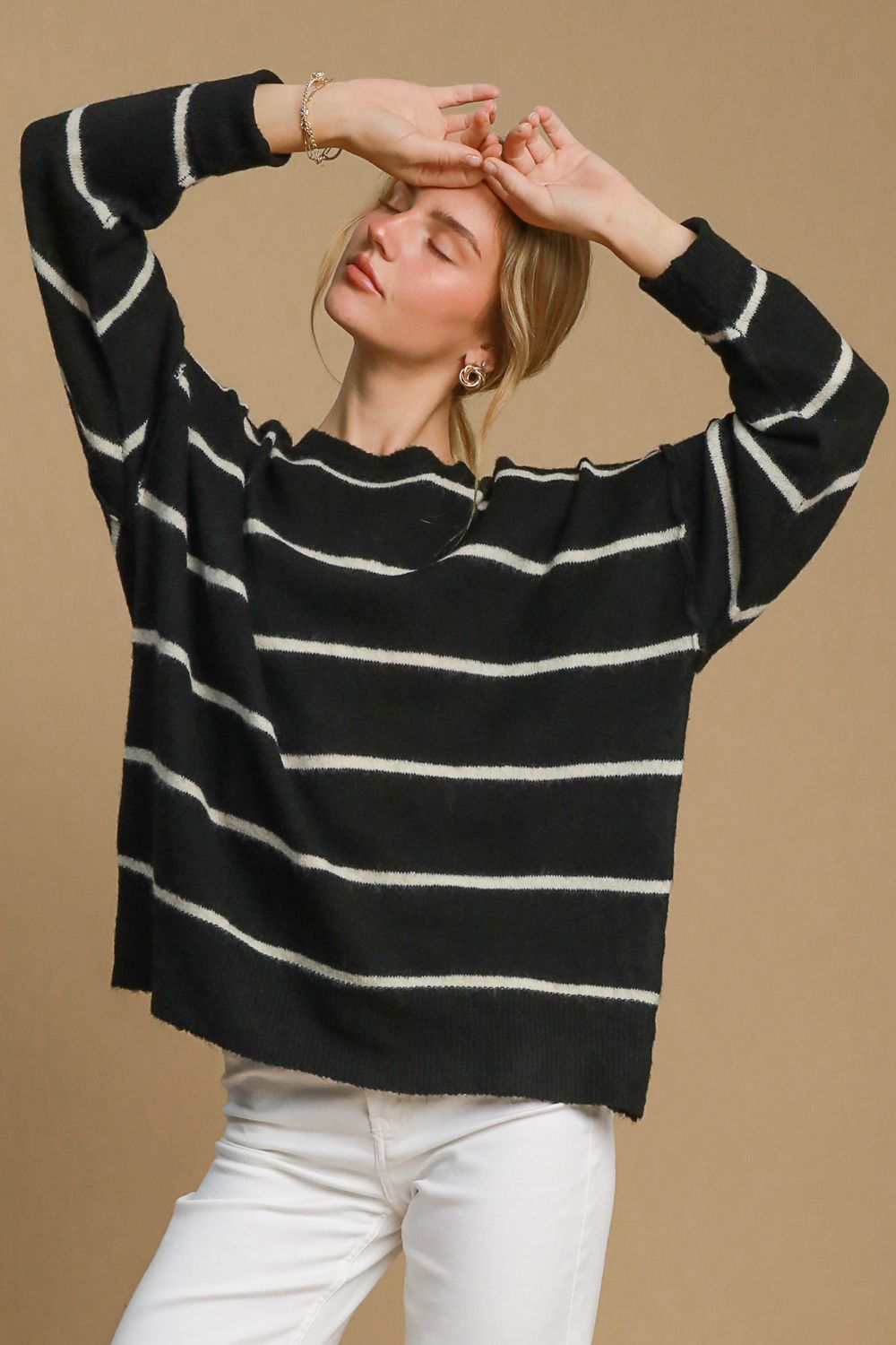 Black and cream striped wool sweater, front view