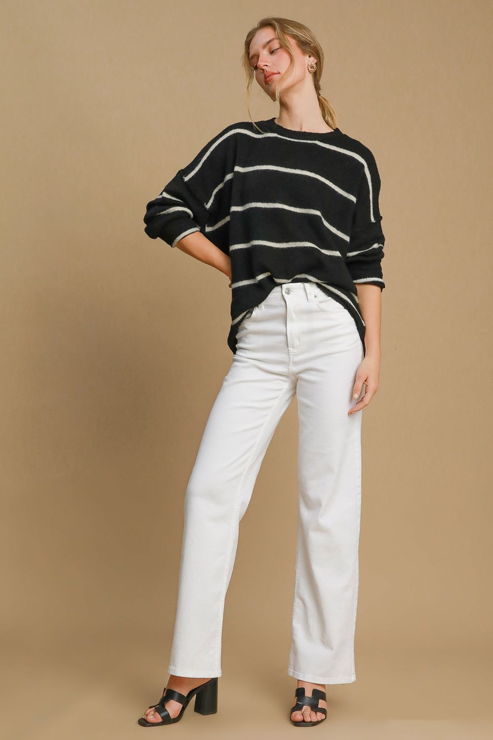 Full outfit with black and cream striped wool sweater