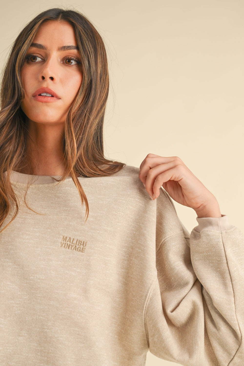 Close-up of beige round neck letter embroidery crop sweatshirt