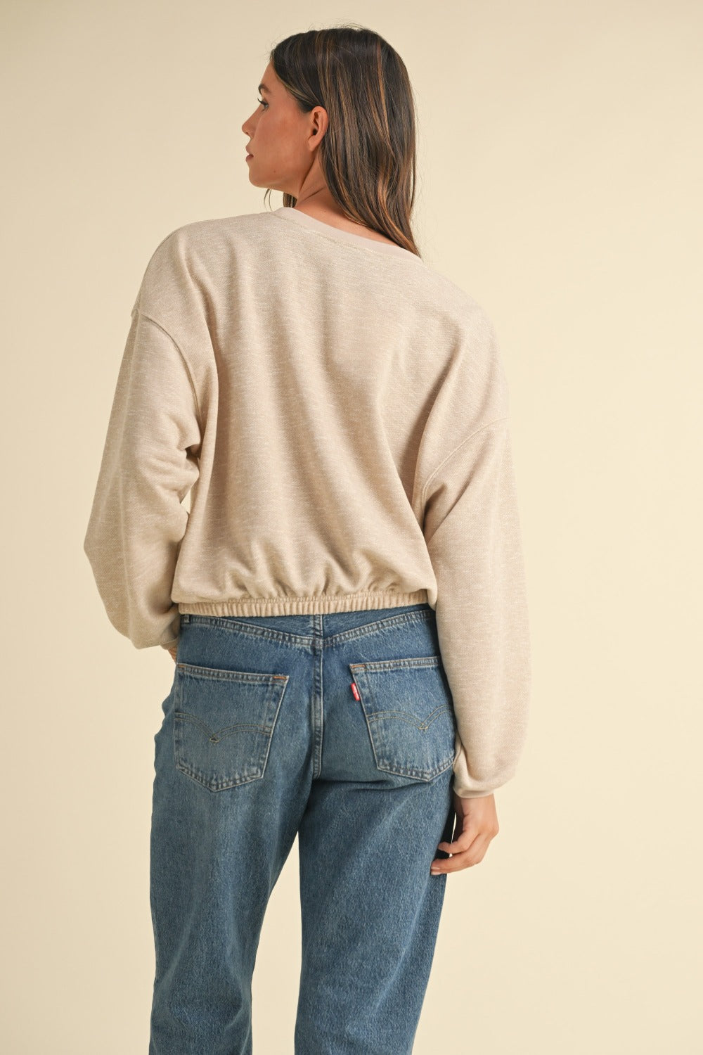 Beige round neck letter embroidery crop sweatshirt back view