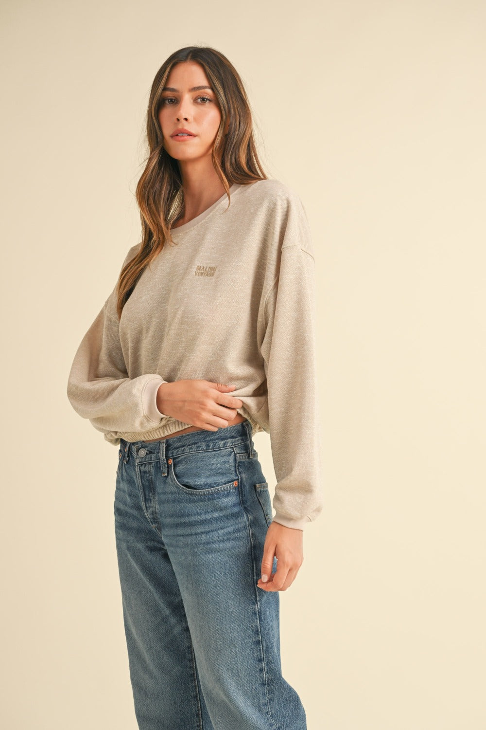 Beige round neck letter embroidery crop sweatshirt side view