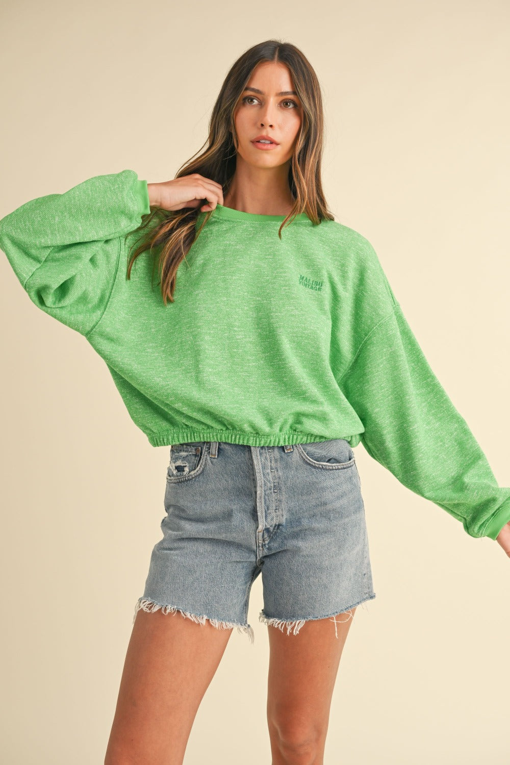 Green round neck letter embroidery crop sweatshirt, relaxed fit