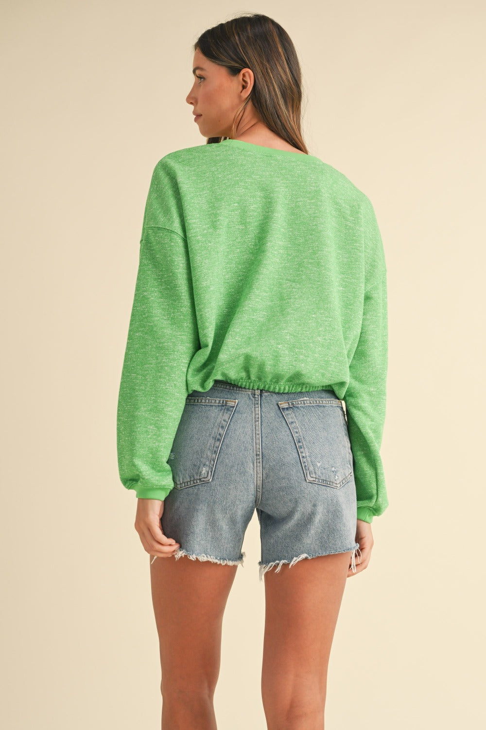 Green round neck letter embroidery crop sweatshirt, back view