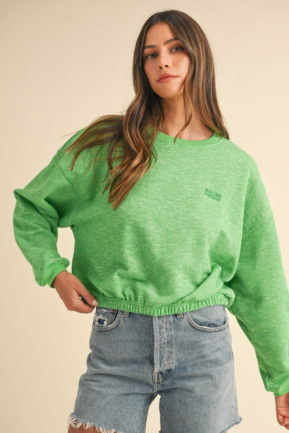 Green round neck letter embroidery crop sweatshirt, front view