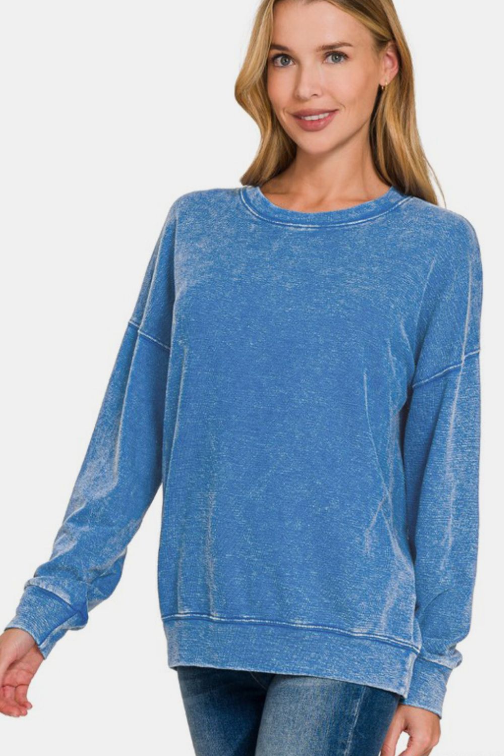 Front view of Sapphire Élan Pullover, blue washed cotton sweatshirt.