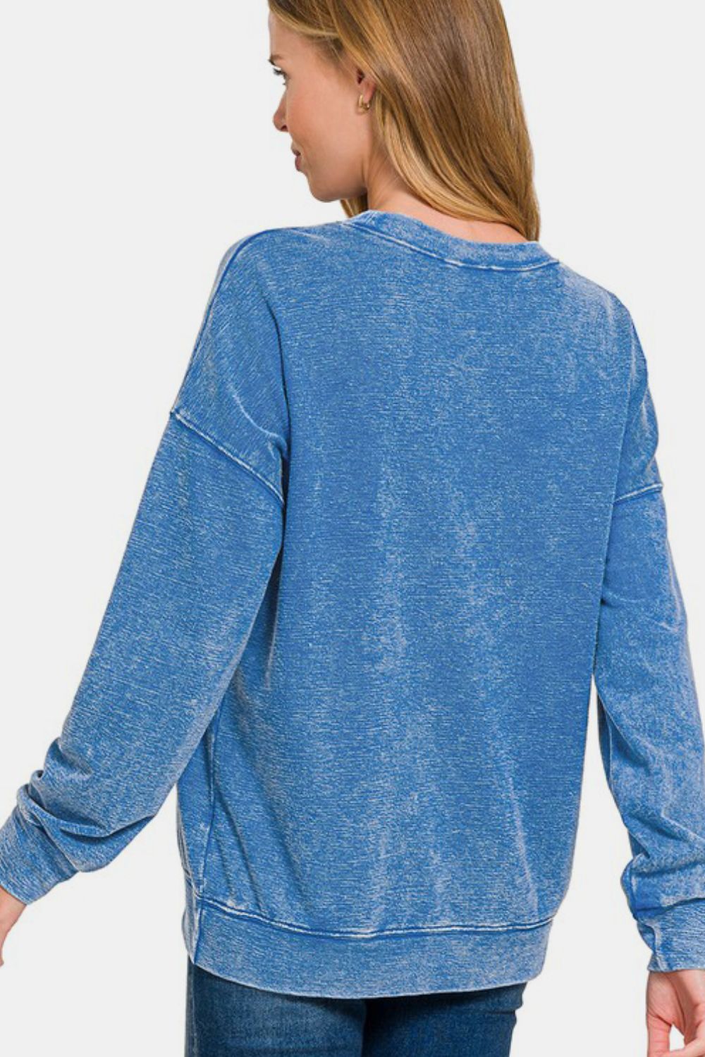 Back view of Sapphire Élan Pullover, blue washed cotton sweatshirt.