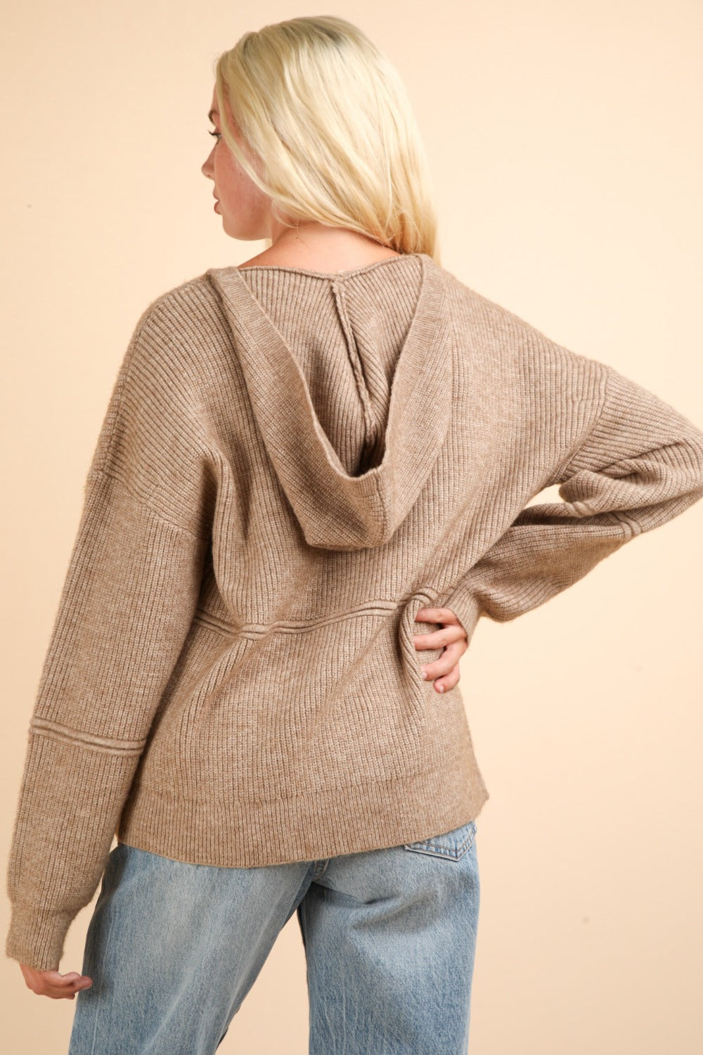 Brown hooded sweater, back view with seam detail