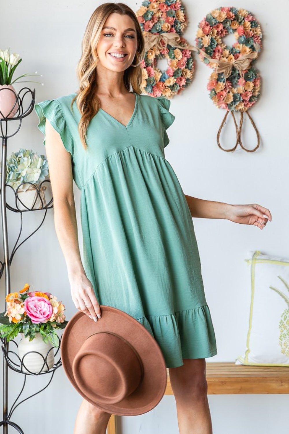 Short Sleeve V Neck Ruffled Hem Dress | Dress - CHANELIA