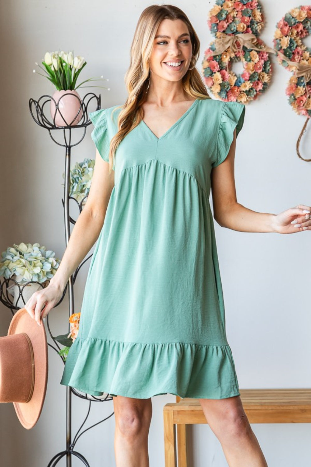 Short Sleeve V Neck Ruffled Hem Dress | Dress - CHANELIA