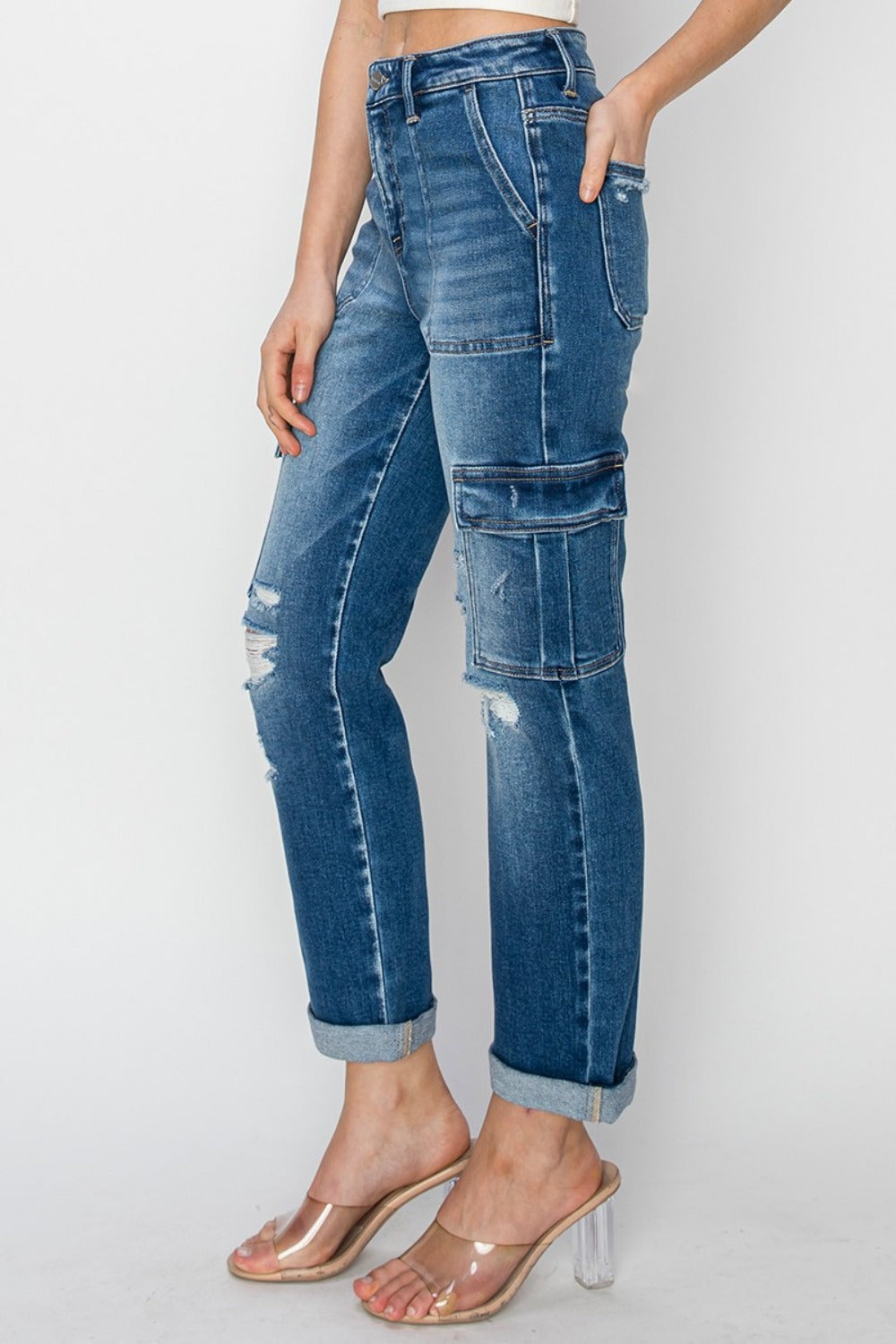 High-rise cargo jeans with utility pockets, side view