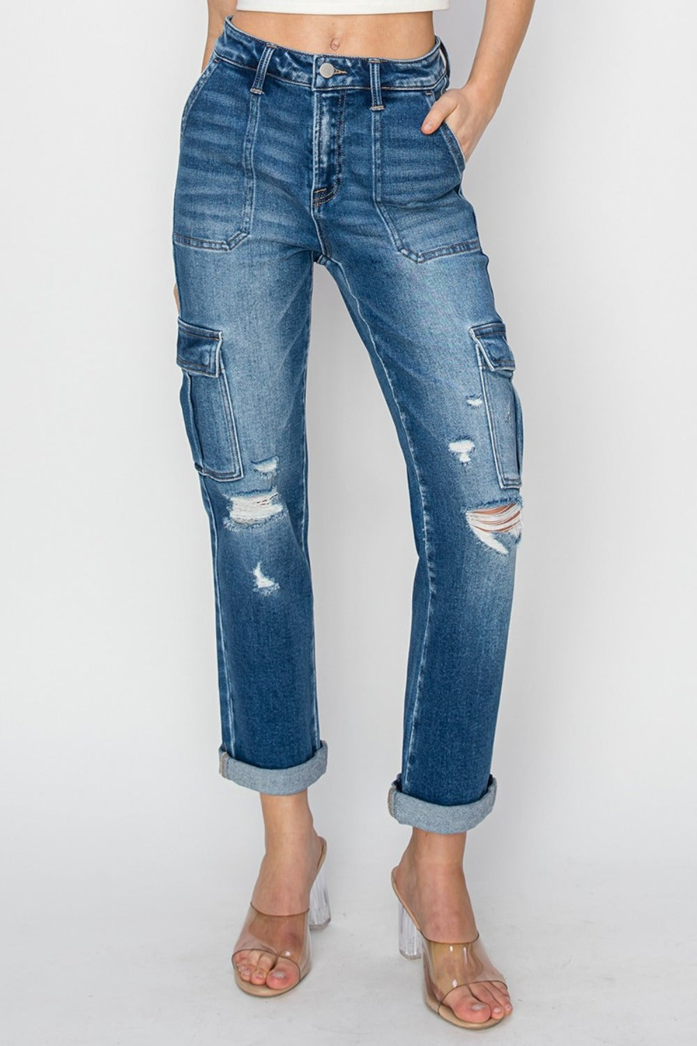 High-rise cargo jeans with utility pockets, front view