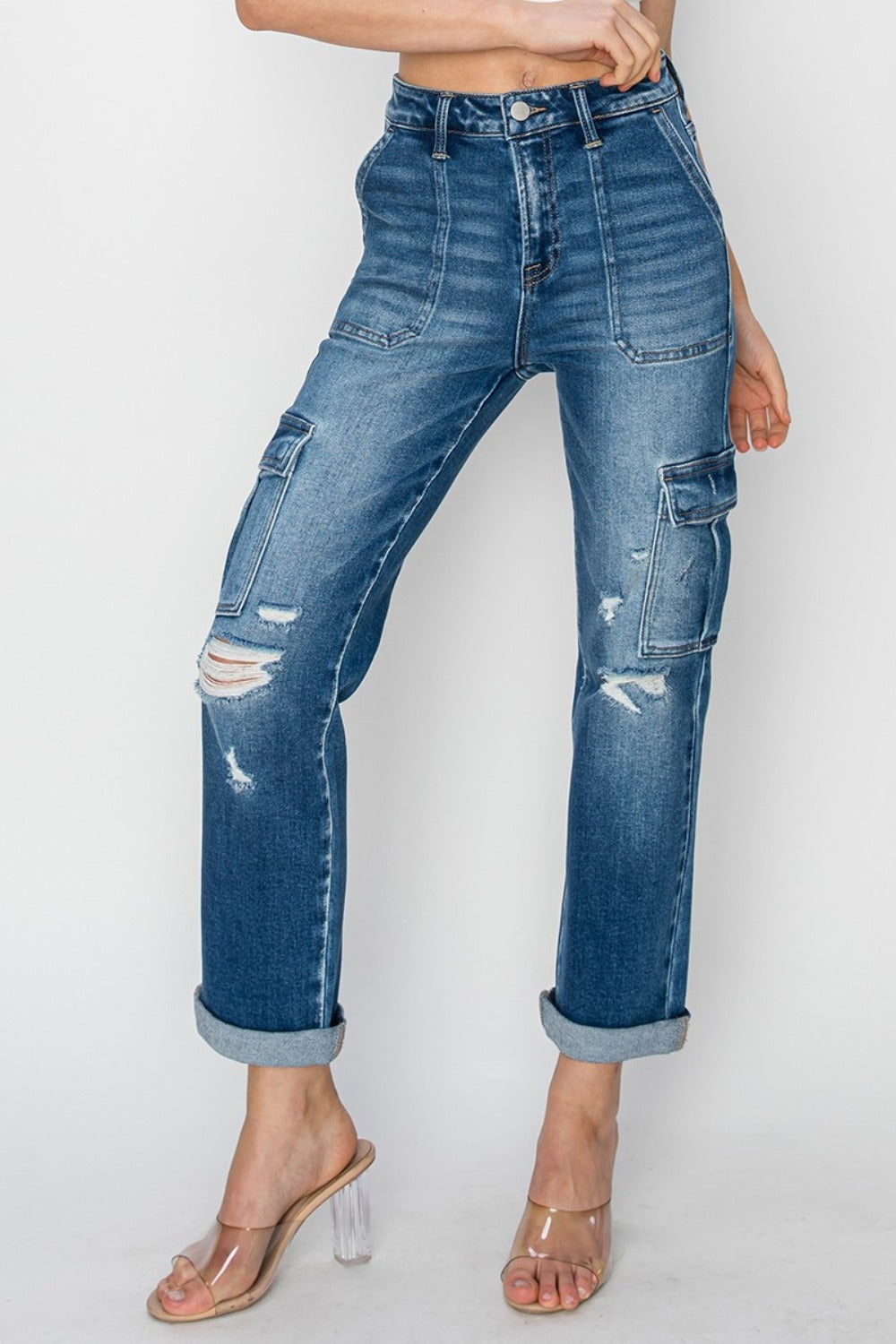 High-rise cargo jeans with utility pockets, angled view