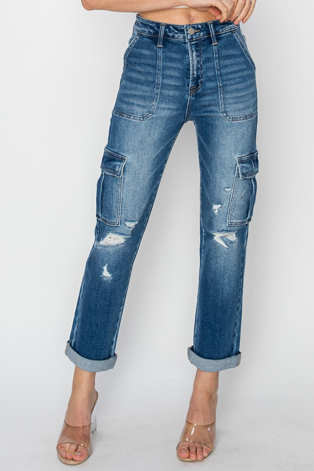 High-rise cargo jeans with utility pockets, front view