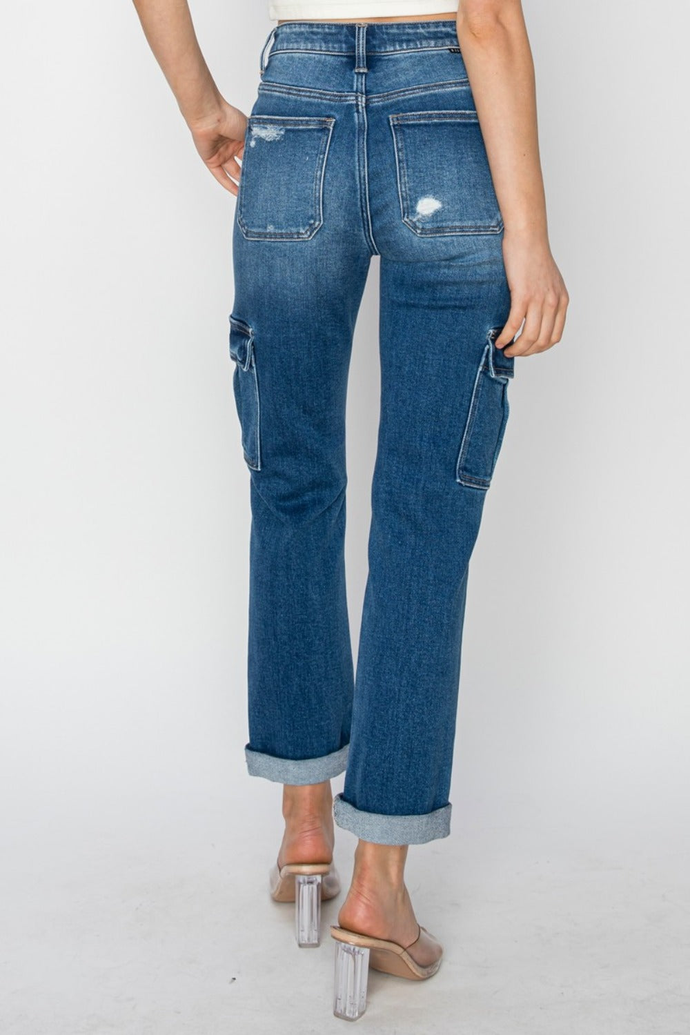 High-rise cargo jeans with utility pockets, back view