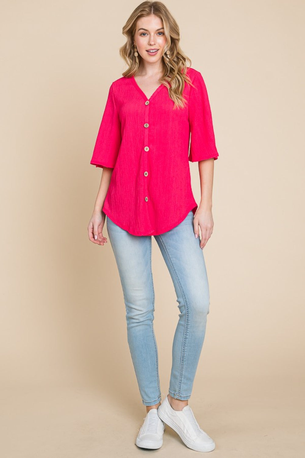 Texture Decorative Button V-Neck Top | Top - CHANELIA