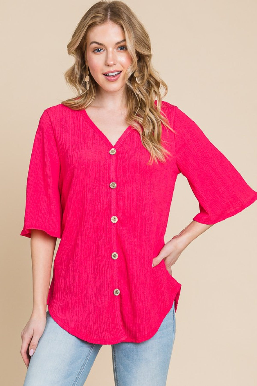 Texture Decorative Button V-Neck Top | Top - CHANELIA