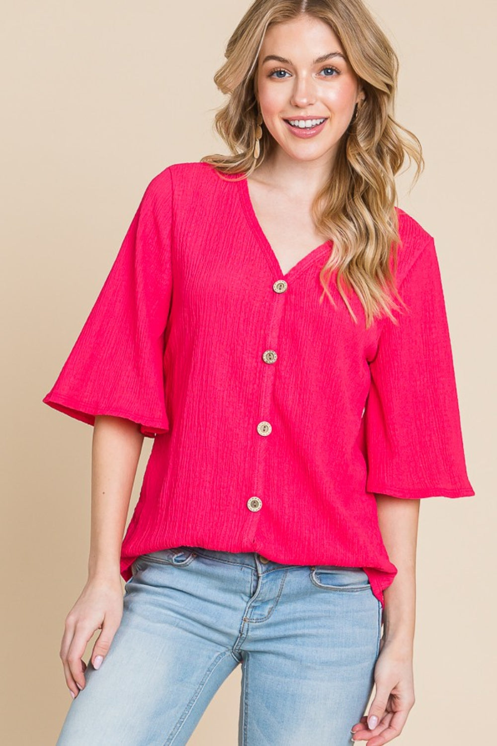 Texture Decorative Button V-Neck Top | Top - CHANELIA