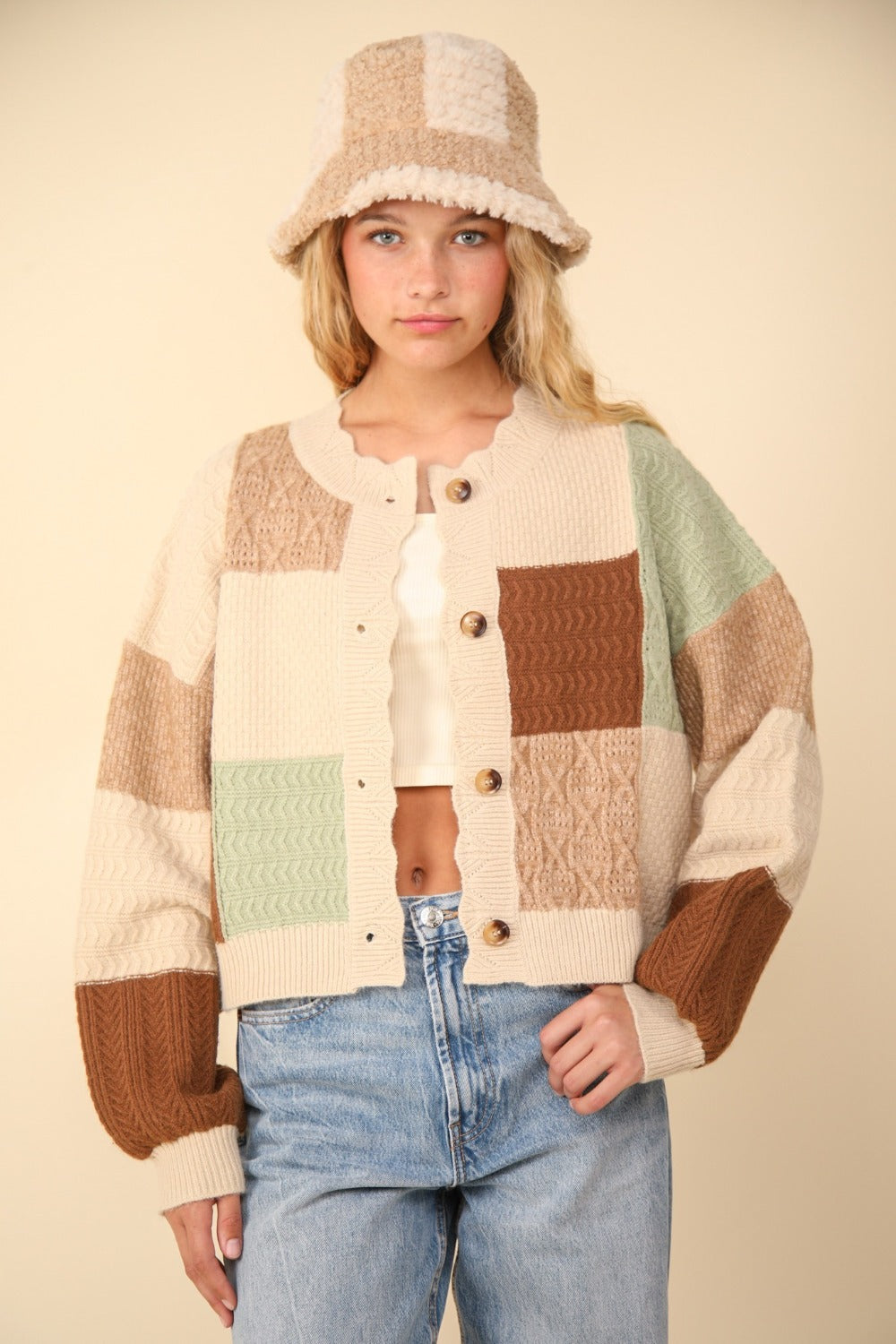 Vibrant Harmony Cardigan front view with patchwork design